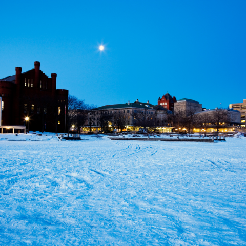 university of wisconsin madison campus at night in the snow